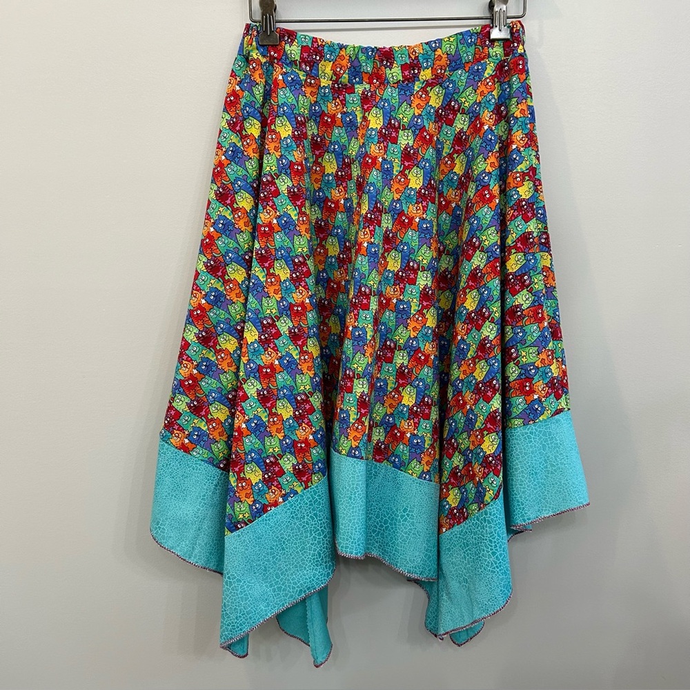Rainbow Cat Print Handmade Skirt Crazy Cat Lady Shark Hem Elastic Waist Size S-M